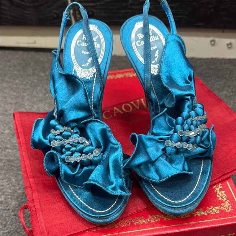 NWT Rene Caovilla Women's Blue Satin Heels Size 36.5 US 6.5